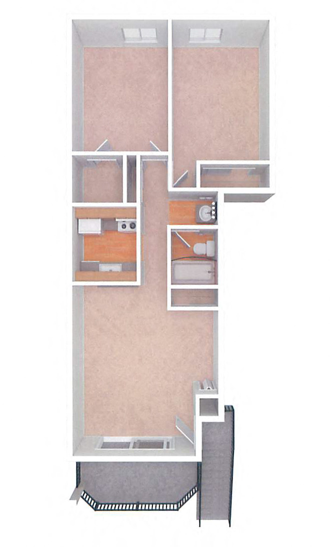 Floor plan for 2 beds, 1 bath, 838 sqft